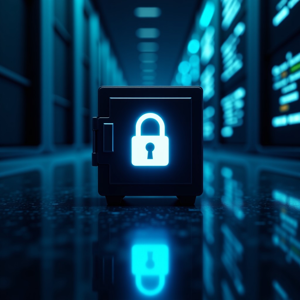 A secure digital vault icon glowing in a dark, high-tech network environment, artistic rendering, soft cinematic lighting, 16:9 aspect ratio.