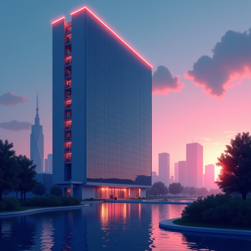 A modern cinematic view of a large corporate office building at twilight with abstract digital gaming elements floating in the air, 8k resolution, realistic style, 4:3