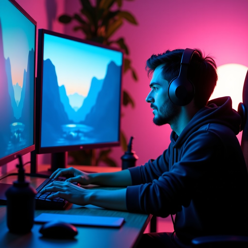 Close up of professional game developers working on high-end computer monitors in a creative studio, soft ambient light, hyper-realistic, 4:3