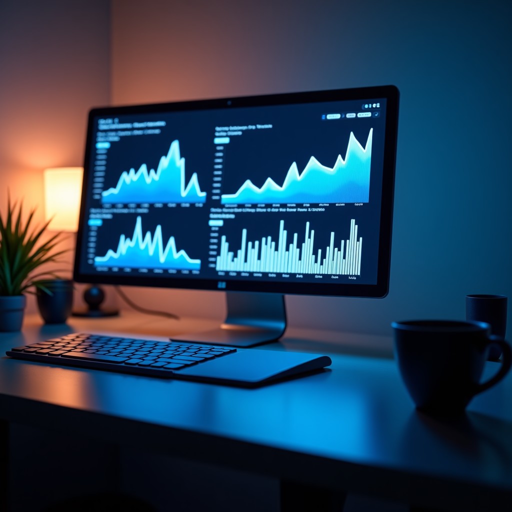 Minimalist digital workspace with glowing abstract graphs and financial data on a screen, professional atmosphere, sharp focus, 4:3