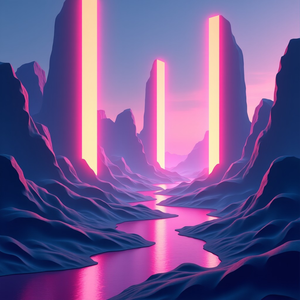 Abstract futuristic gaming environment with glowing portals and digital terrain, vibrant colors, artistic rendering, 4:3