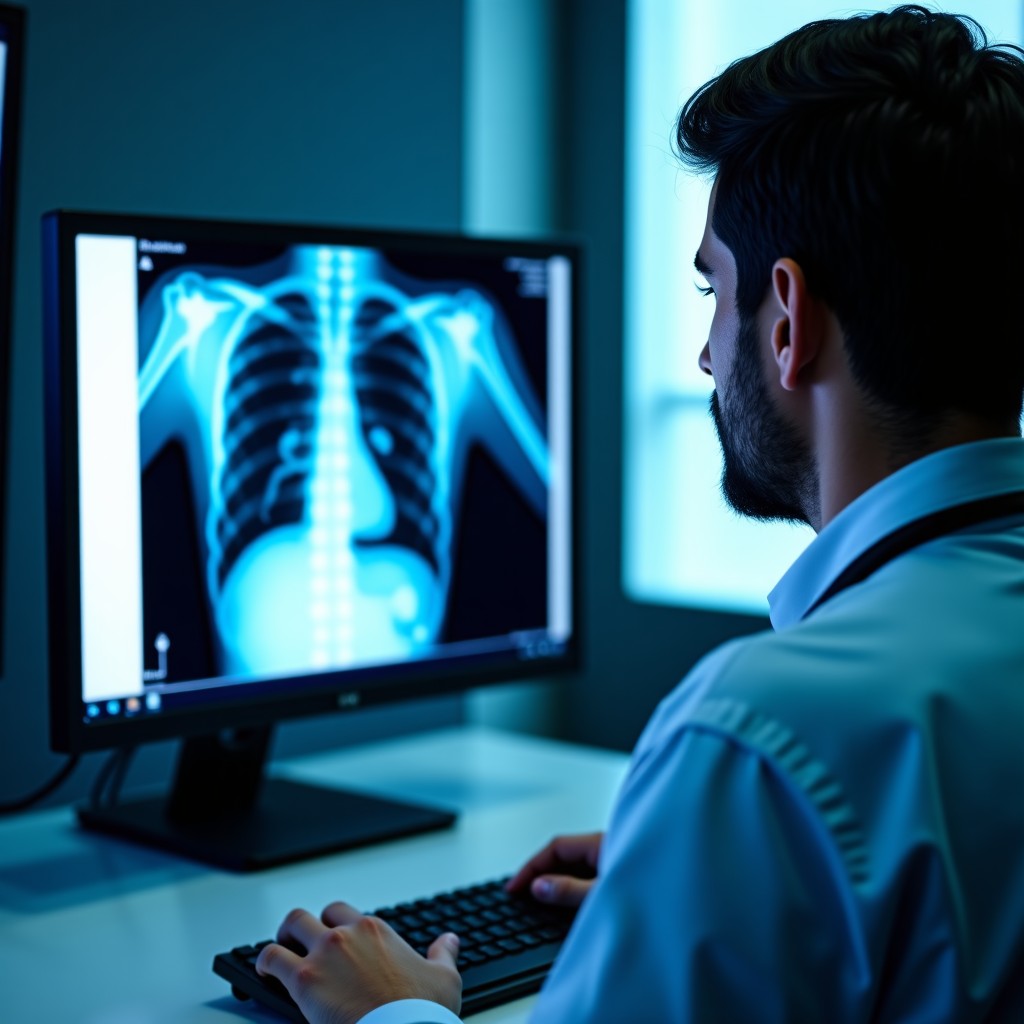 A modern doctor examining a high-resolution digital X-ray image on a professional medical monitor, advanced healthcare technology environment, sharp focus, vibrant colors, 4:3
