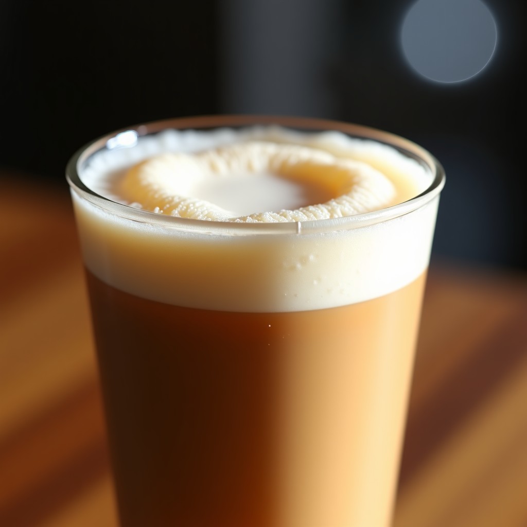 A close up shot of a cup of iced coffee with a thick layer of fine micro-foam on top, realistic, natural indoor cafe lighting, high resolution, 4:3