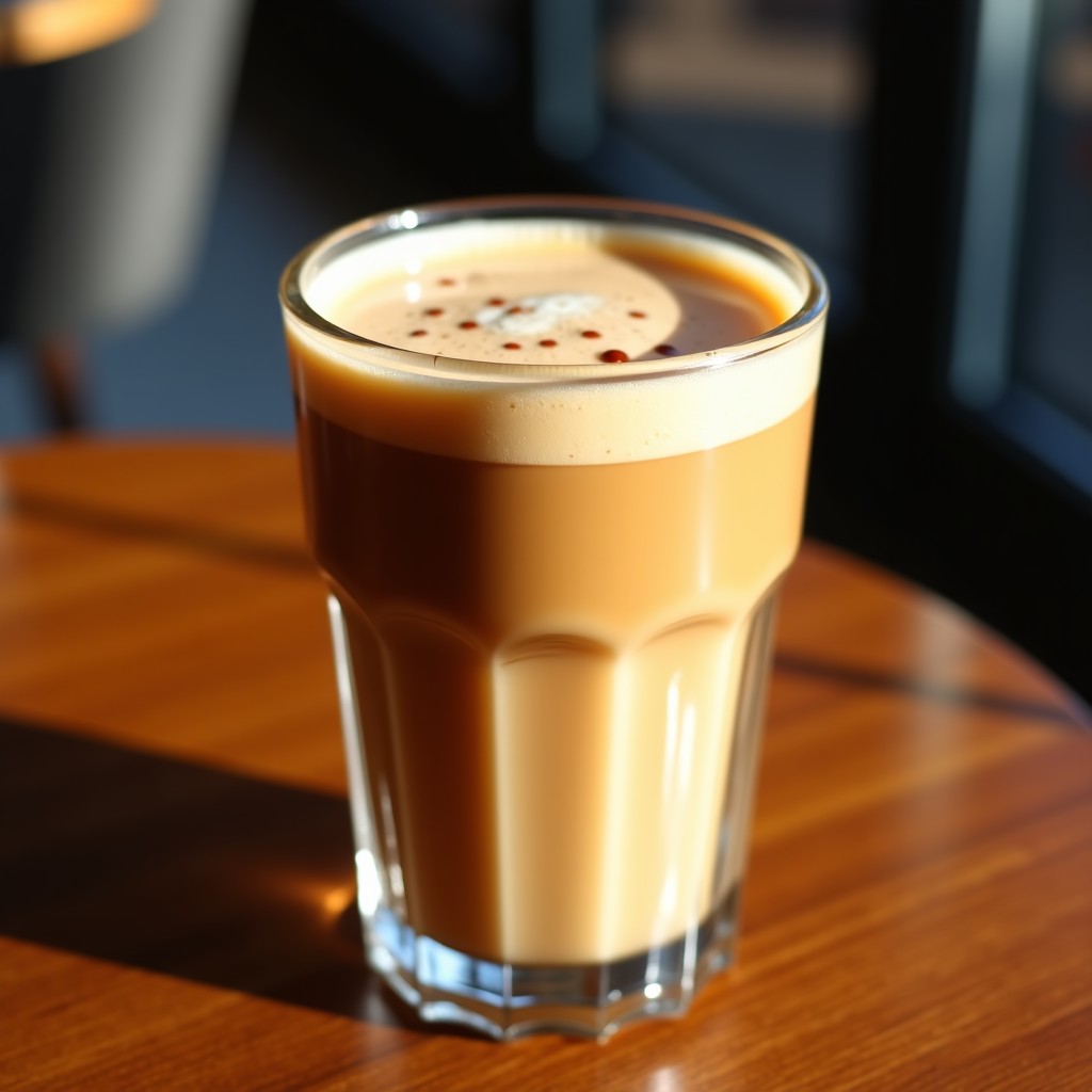 An iced coffee in a transparent glass cup with a visible layer of velvety micro-foam, elegant cafe setting, morning light, 4:3