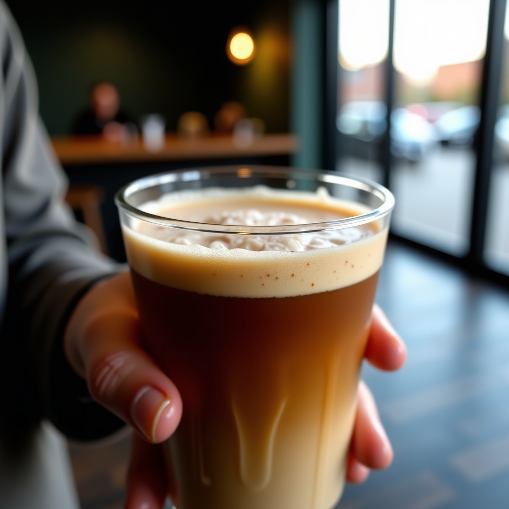 A person holding a cup of cold brewed coffee with rich foam in a modern minimalist coffee shop, cozy atmosphere, focus on the cup, 4:3