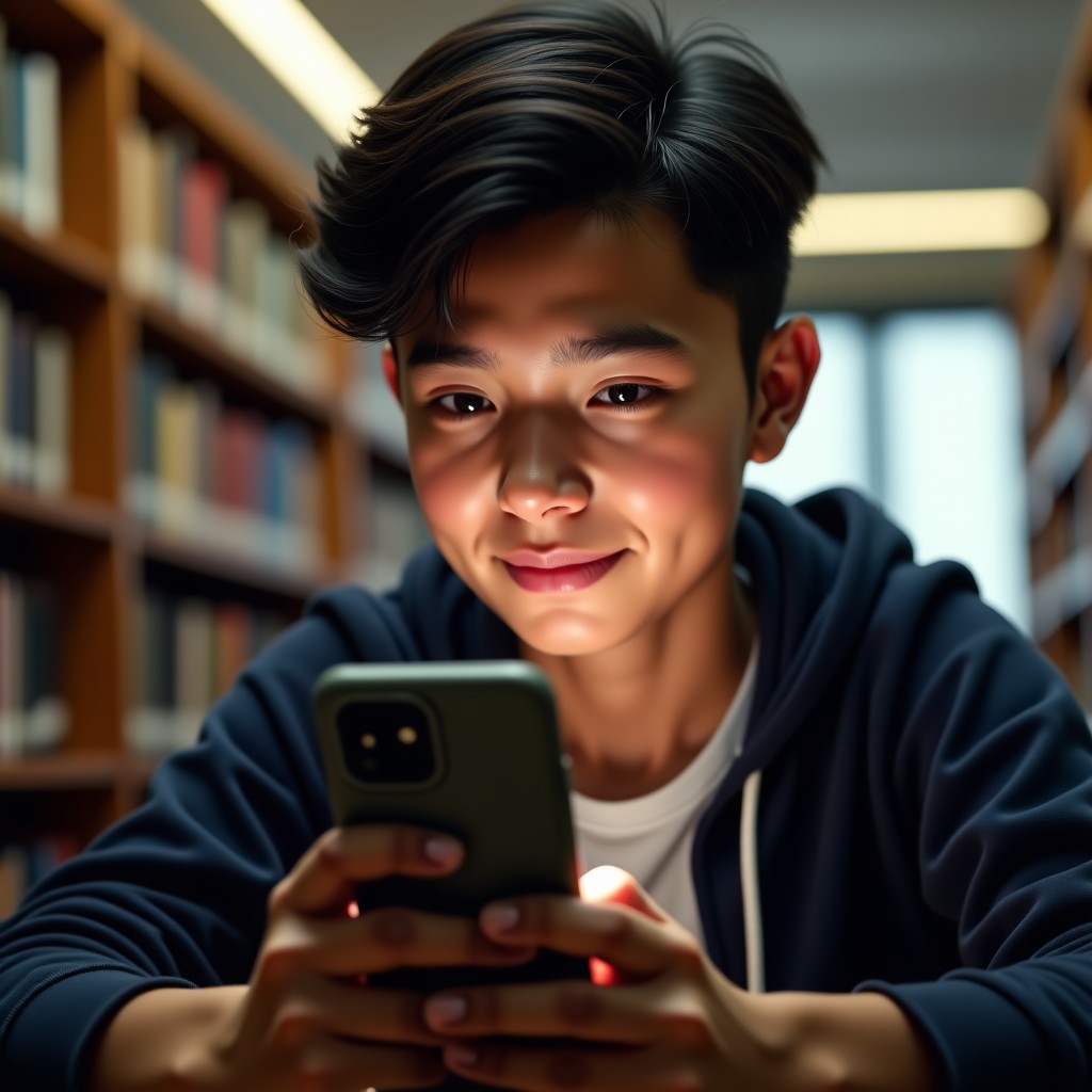 A teenage student looking at a smartphone screen with a thoughtful expression in a library, high quality, realistic, cinematic lighting, 4:3 aspect ratio