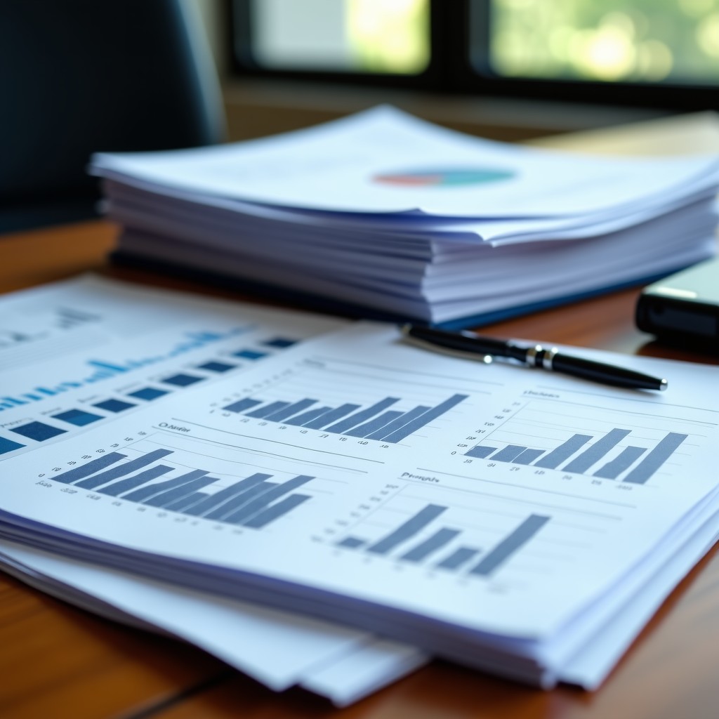 A stack of complex financial documents and corporate reports on a wooden desk, soft office lighting, realistic style, 4:3 aspect ratio.