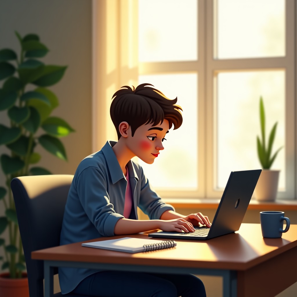 Concept of digital detox, a teenage student studying at a desk without a phone, peaceful and focused atmosphere, soft sunlight, 4:3 aspect ratio