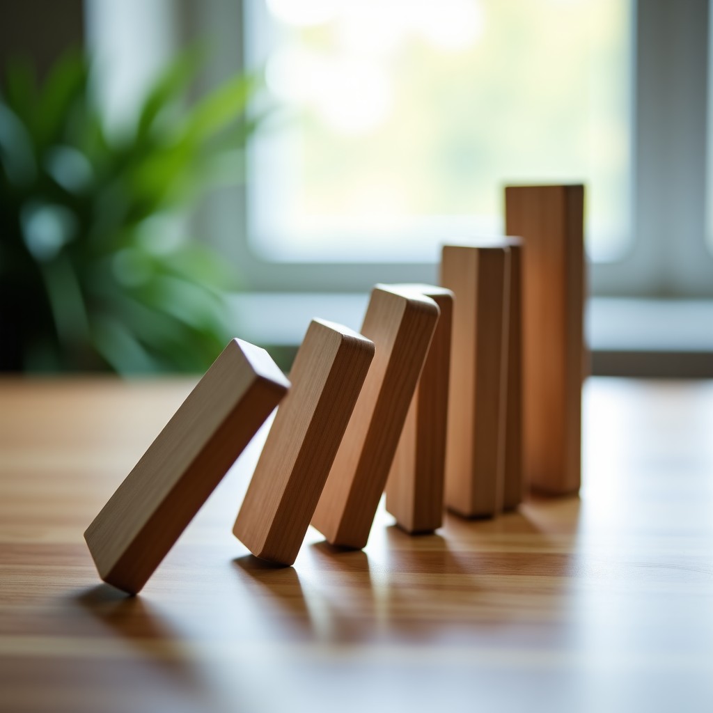Concept of financial instability with falling dominoes made of metal, sharp focus, professional business photography style, 4:3 aspect ratio.