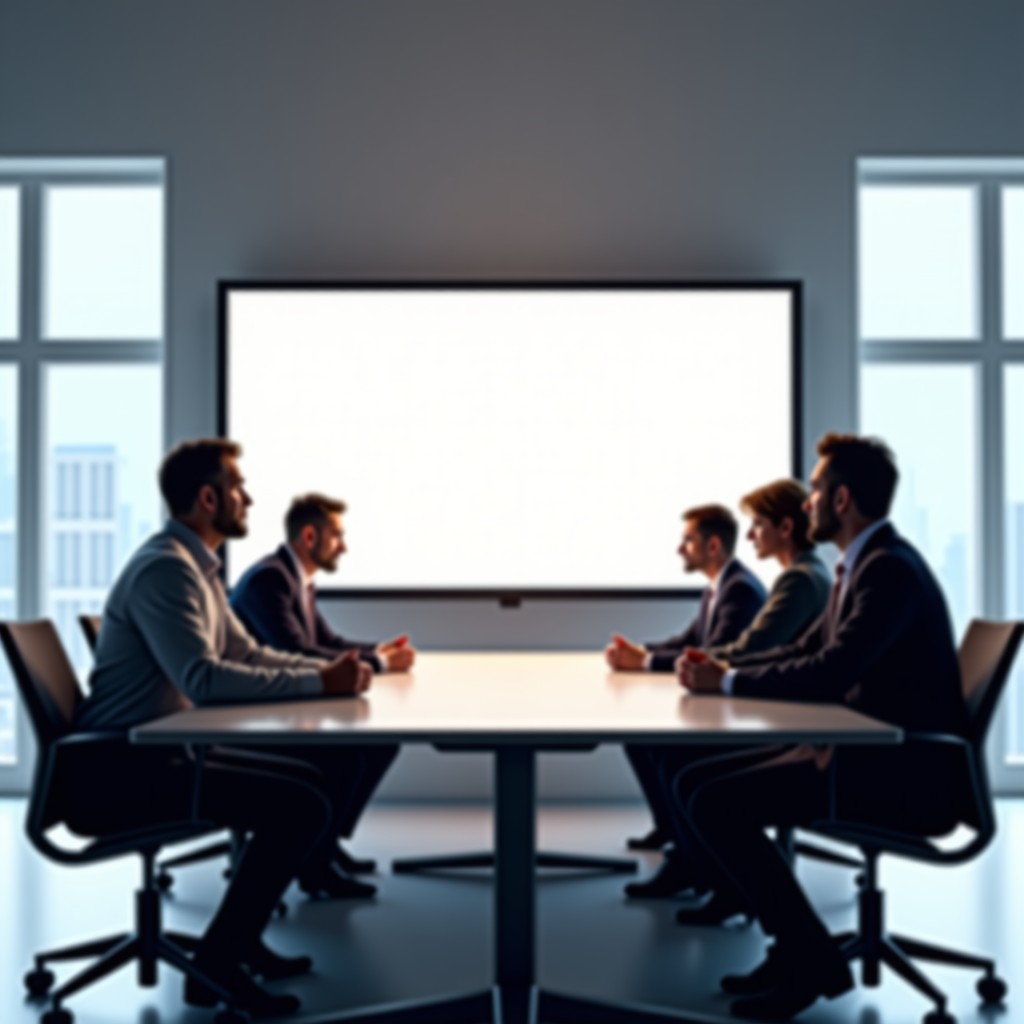 A modern office meeting setup representing government policy discussion about digital safety, professional atmosphere, minimalist design, 4:3 aspect ratio