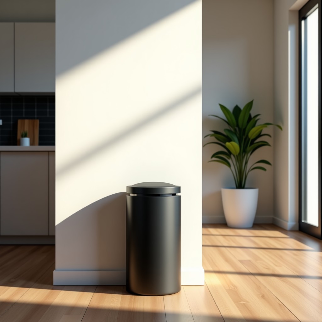 Modern interior with a sleek trash can, organized home environment, natural lighting, minimalist style, 16:9 aspect ratio