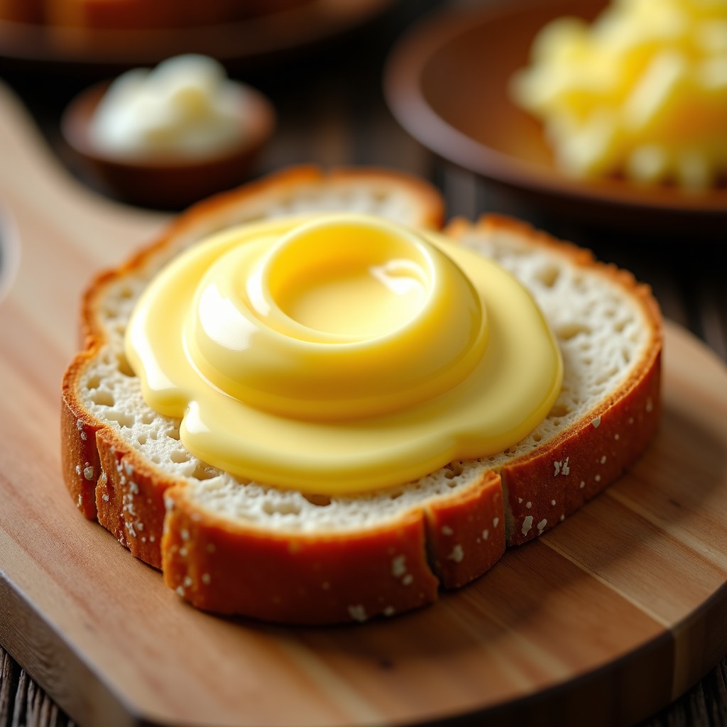 Homemade fresh butter on a slice of bread, rustic setting, creamy texture, appetizing, soft warm lighting, macro shot, realistic, 1:1