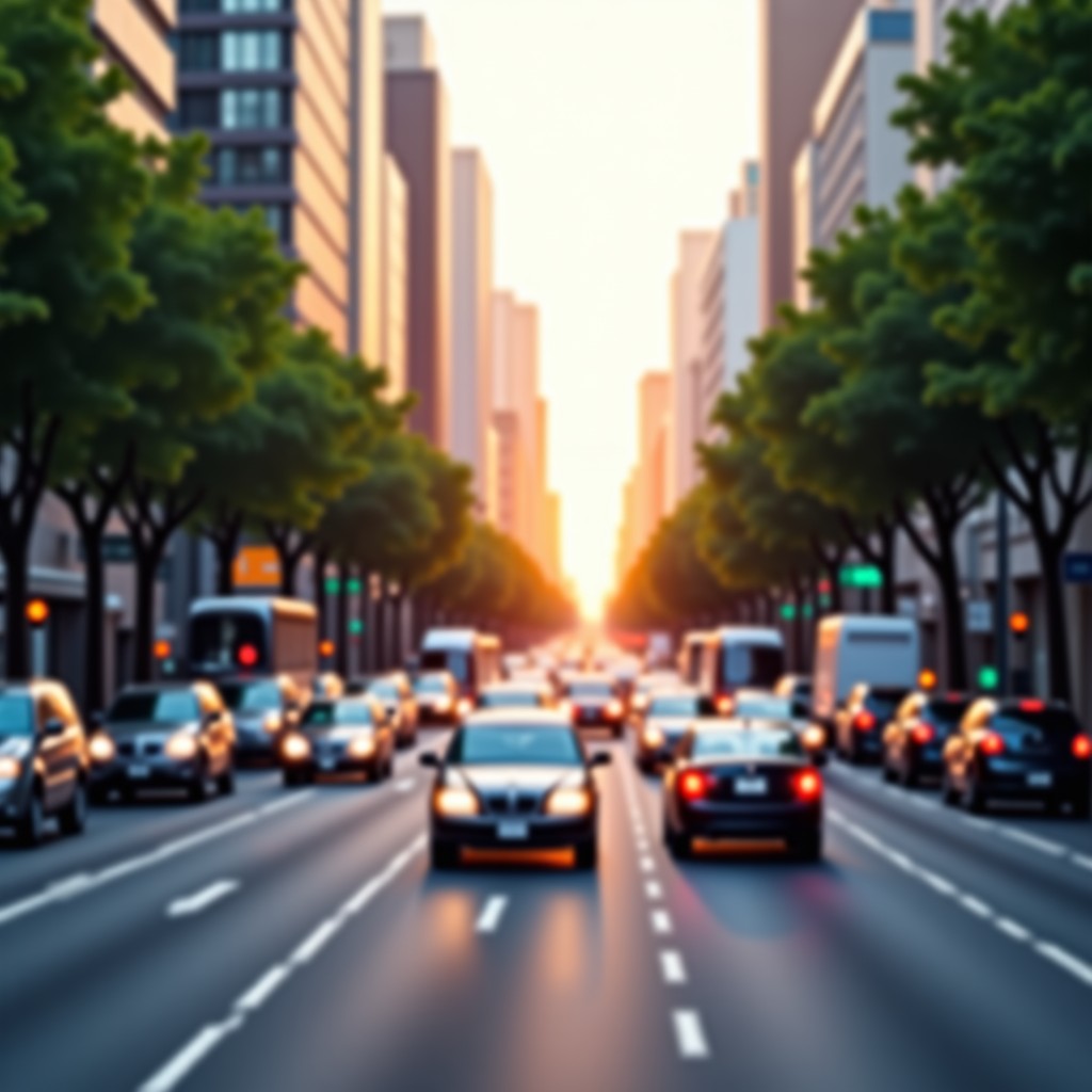 Realistic view of urban traffic flow, cars moving on a clean city street, morning sunlight, high quality, sharp focus, vibrant city life, 4:3 aspect ratio.