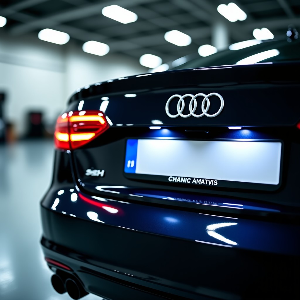 Close-up shot of a modern car license plate, professional photography, depth of field, neutral industrial background, clean lighting, 4:3 aspect ratio.