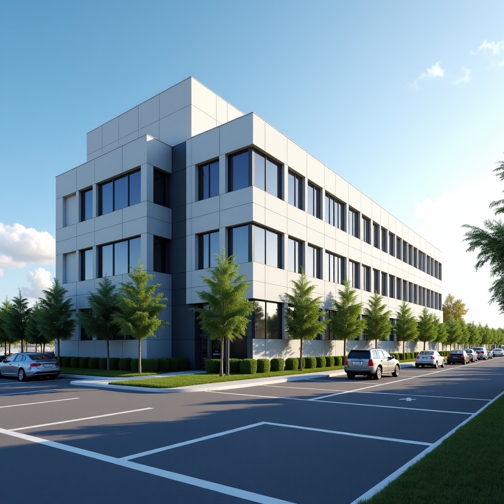 A modern government office building with a well-organized parking area in front, professional architectural photography, daylight, realistic style, 4:3 aspect ratio.