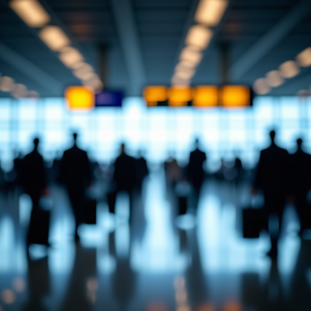 Busy international airport security checkpoint area with motion blur of people, professional photography, bright ambient lighting, 4:3