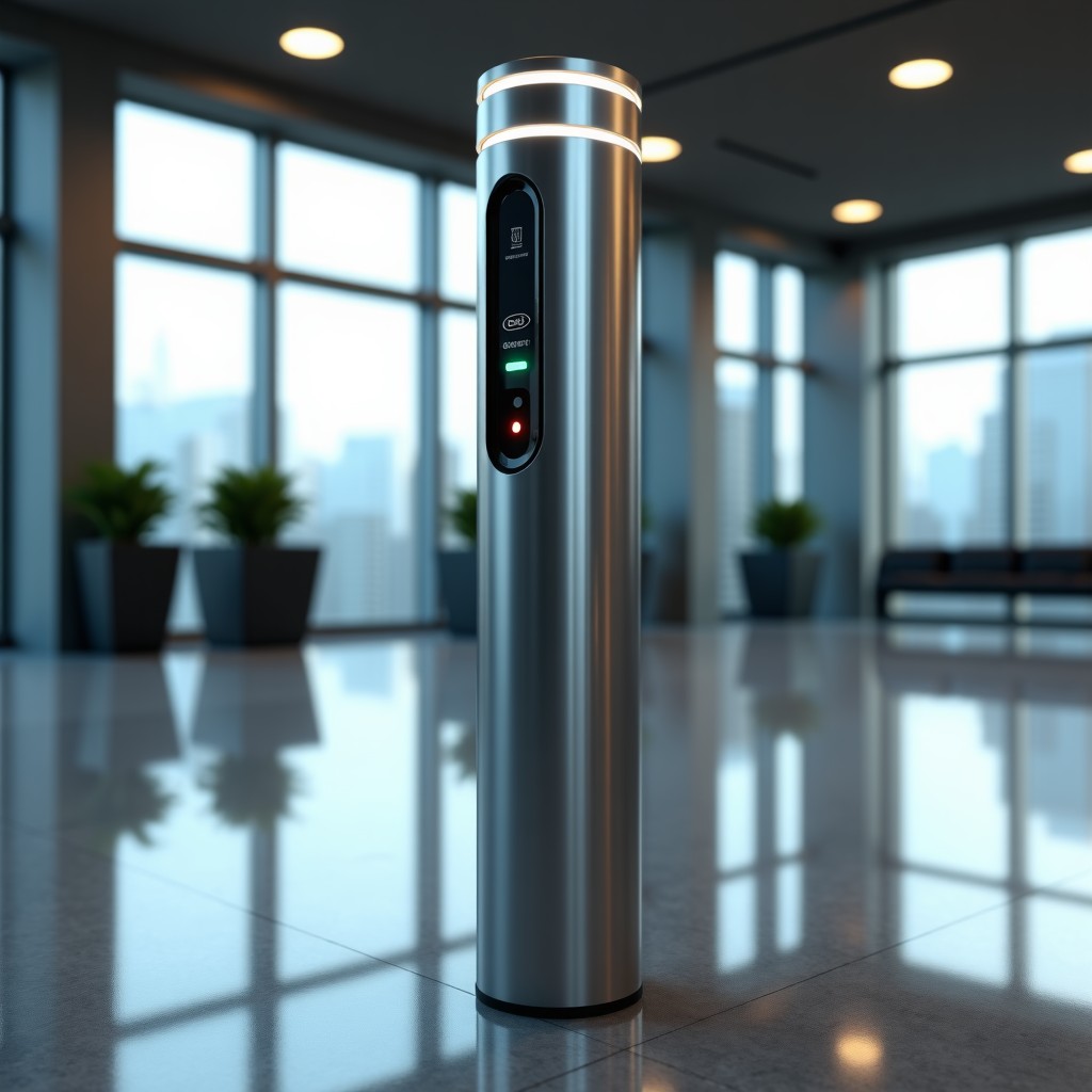 Close up of a sleek metal charging station pillar in a public building, high quality, industrial design, realistic style, 4:3