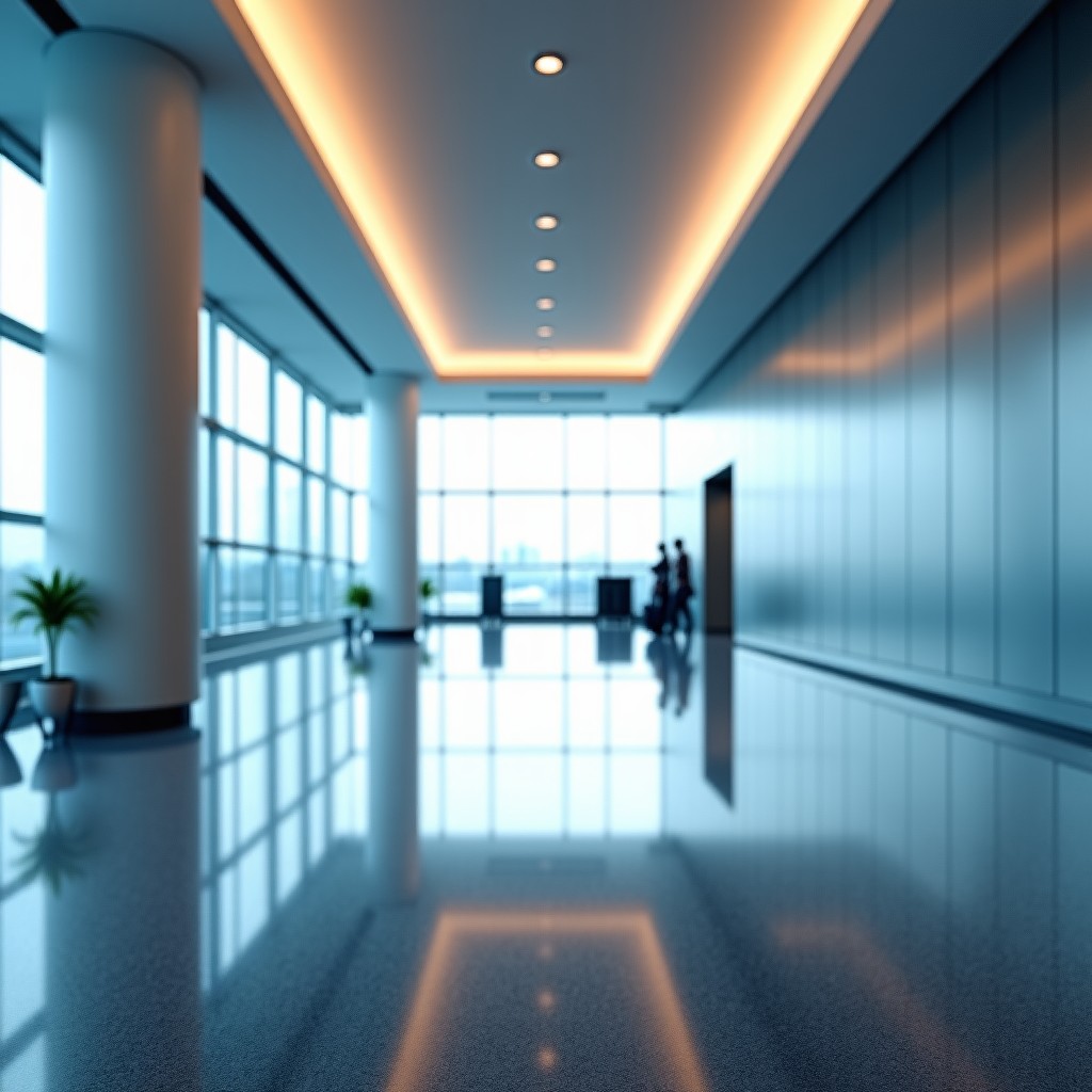 Wide angle shot of a clean and orderly airport terminal hallway with abstract architecture, balanced composition, 4:3