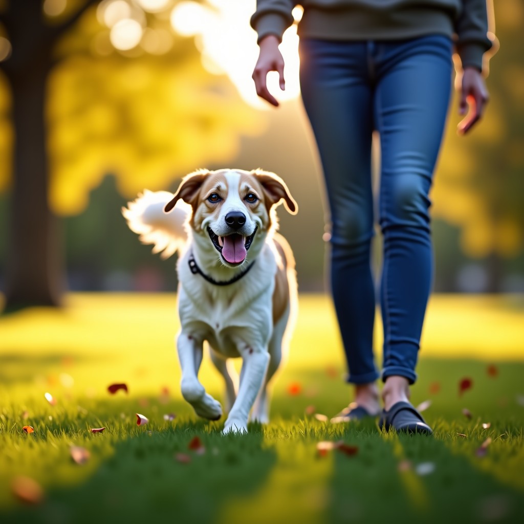 A happy dog walking in a sunny park with its owner, blurred background, warm lighting, natural lifestyle photography, 4:3