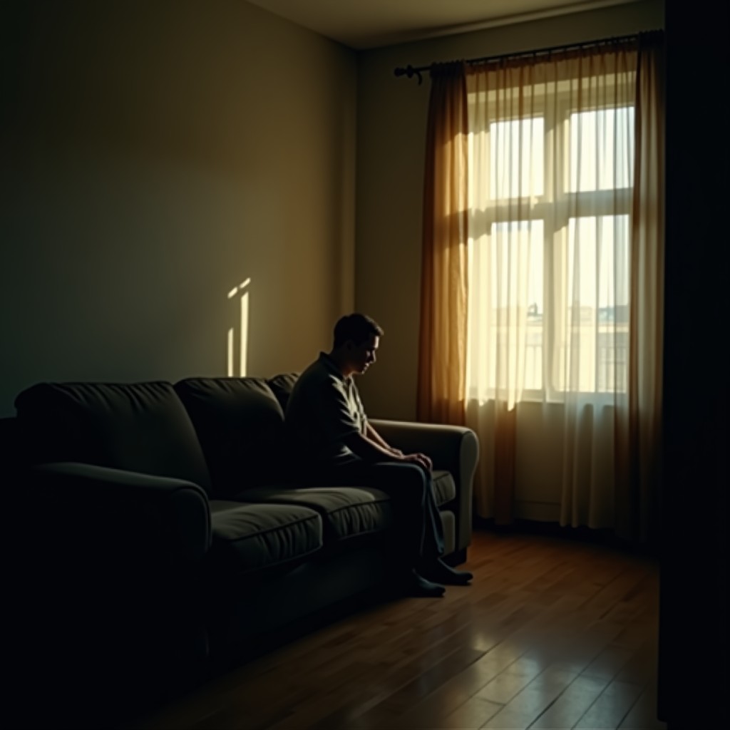 A dimly lit apartment, shadow of a person sitting on a sofa, melancholic atmosphere, cinematic color grading, realistic photography, 16:9 ratio
