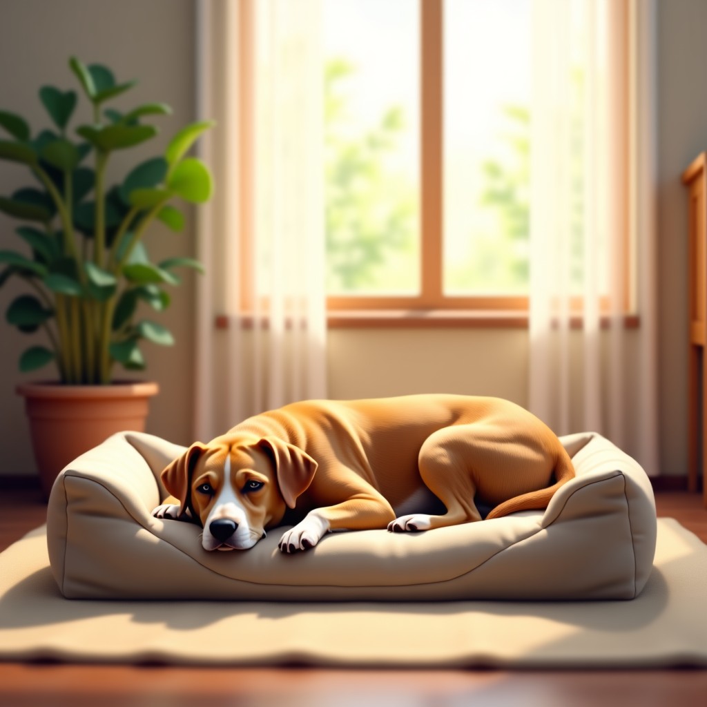 A healthy and calm dog resting on a comfortable pet bed in a bright room, peaceful atmosphere, high resolution, 4:3