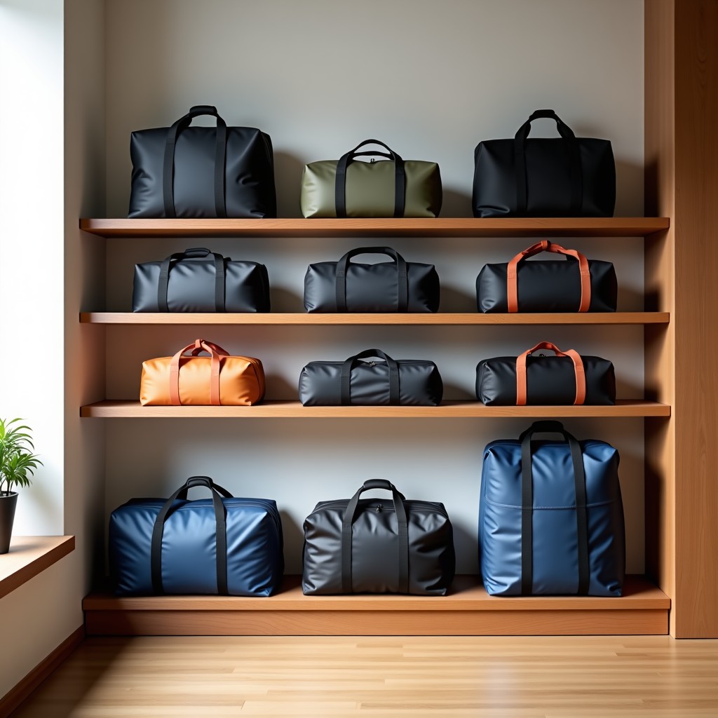 Stylish travel bags and compression organizers neatly displayed on wooden shelves in a bright gallery-like space, professional product photography, 4:3