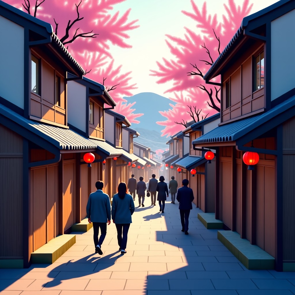 People walking through the beautiful traditional alleys of Bukchon village with spring atmosphere, cinematic lighting, 4:3