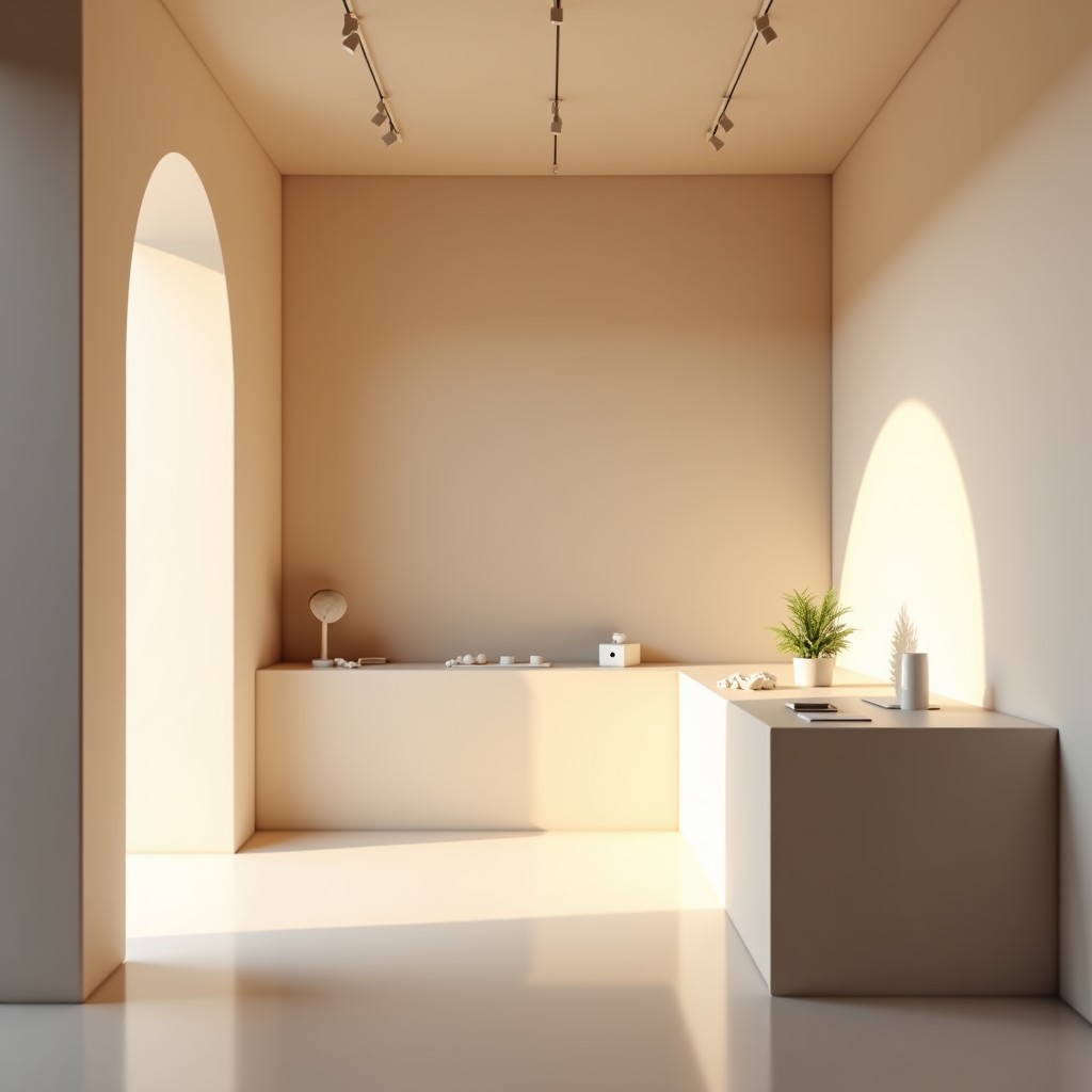 Minimalist interior design of a pop-up store with soft lighting and clean display tables, high quality architectural photography, 4:3