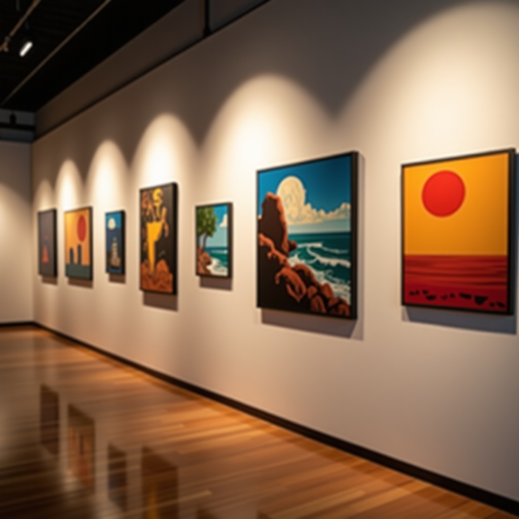 Close up shot of contemporary art pieces arranged in a professional exhibition setting with soft warm spotlighting, high resolution, 4:3