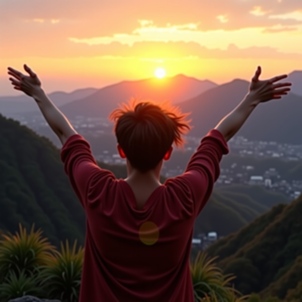 A joyful person enjoying a scenic view at a local tourist attraction in Korea, sunset lighting, vibrant colors, cinematic, realistic, 4:3