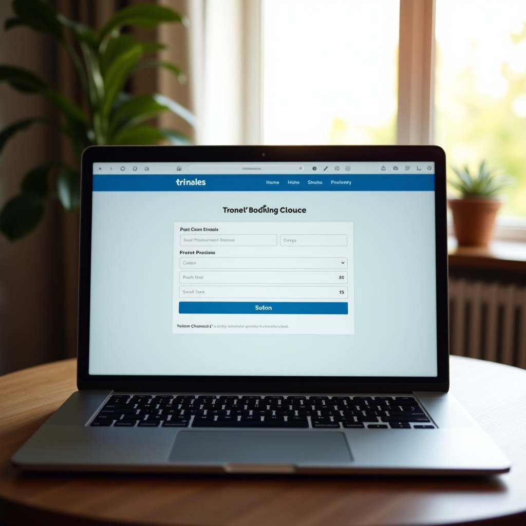 A laptop screen showing travel booking website with a blurred cozy room background, soft morning light, high resolution, 4:3
