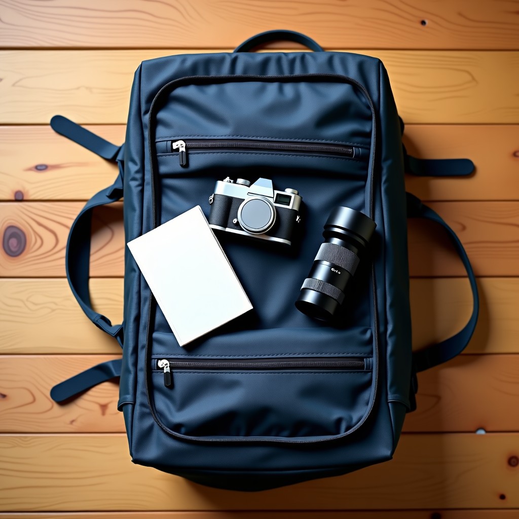 A travel bag packed with a camera and a guidebook on a wooden table, top-down view, travel vibes, bright and clean, 4:3