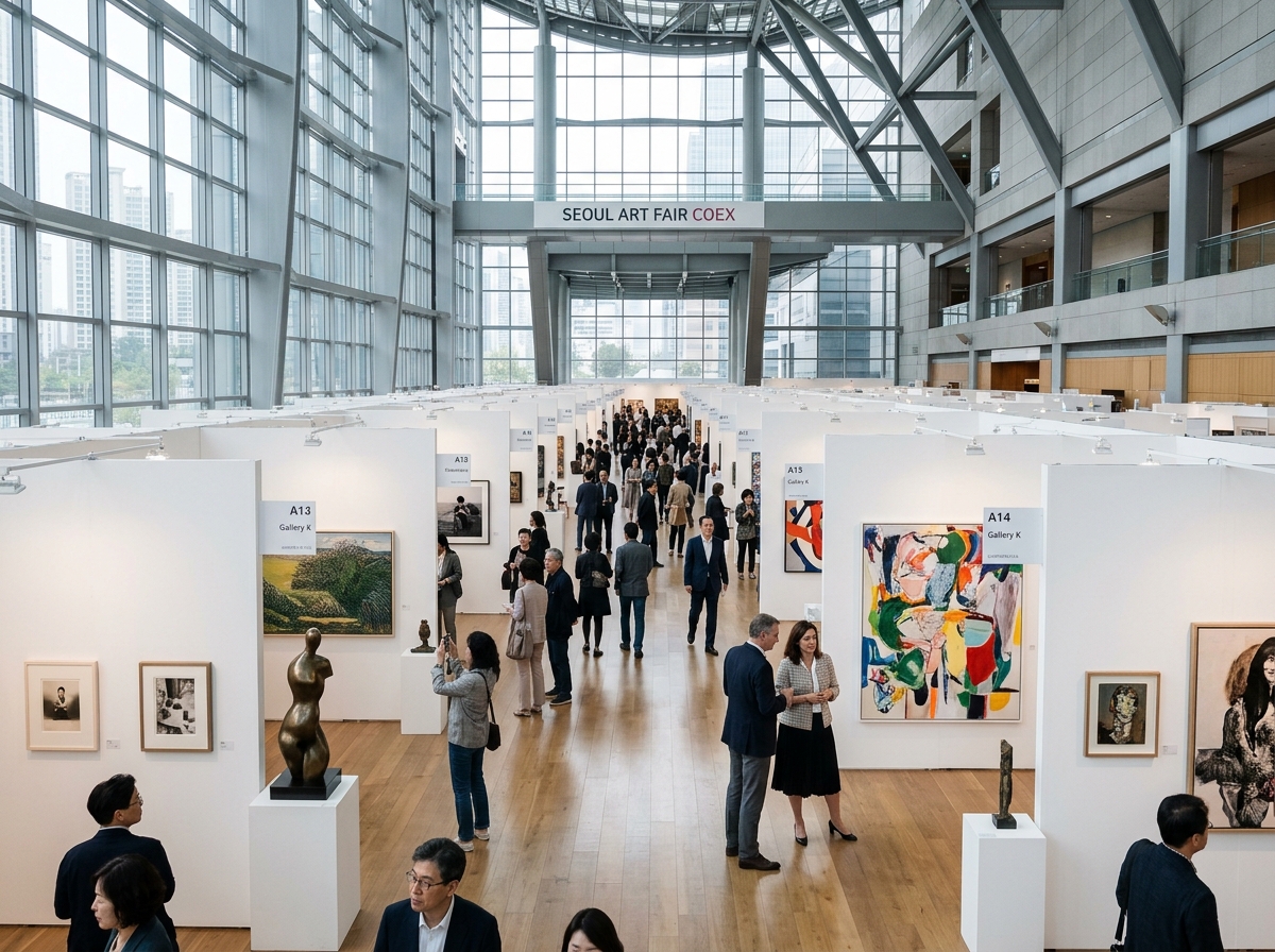 갤러리 내부의 현대적인 아트페어 풍경