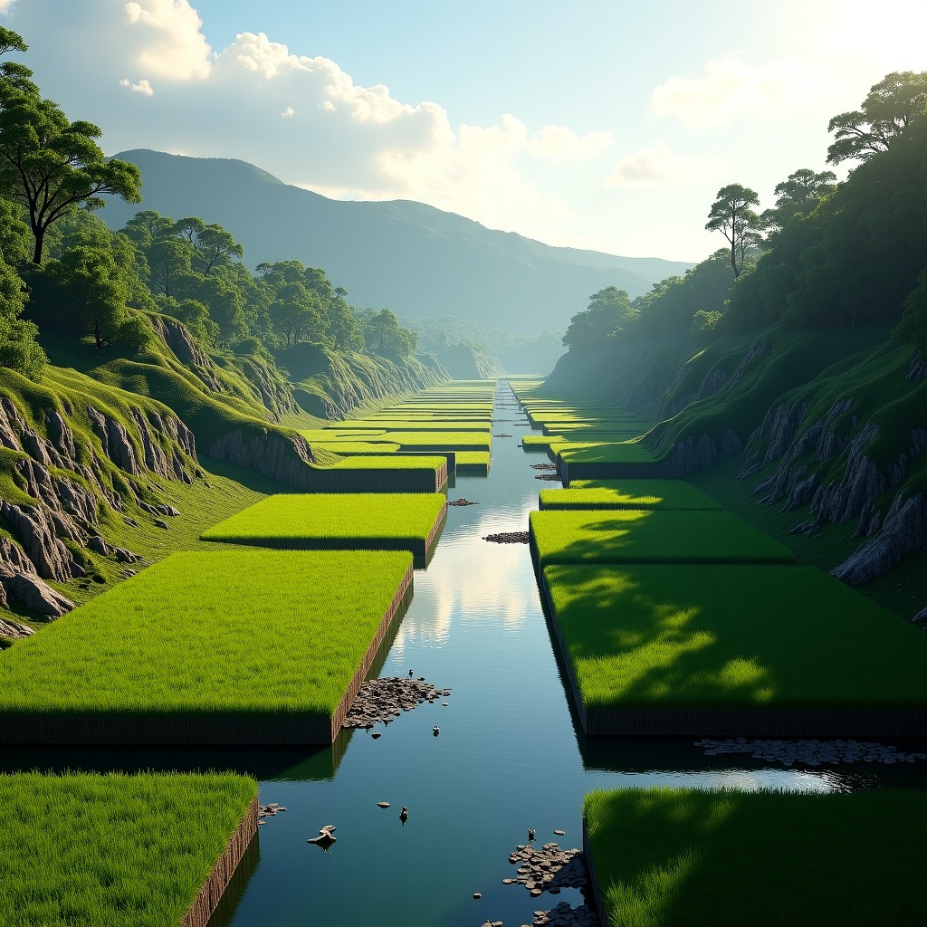 Ancient Aztec agricultural chinampas in a lake, green floating garden beds, water channels, historical setting, realistic, 16:9 ratio