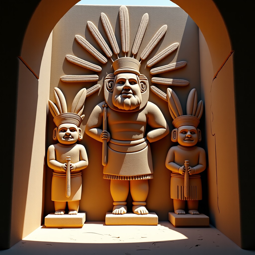 Artistic representation of Aztec ritual culture, symbolic stone carvings, feathers and gold ornaments, historical context, soft light, 4:3 ratio