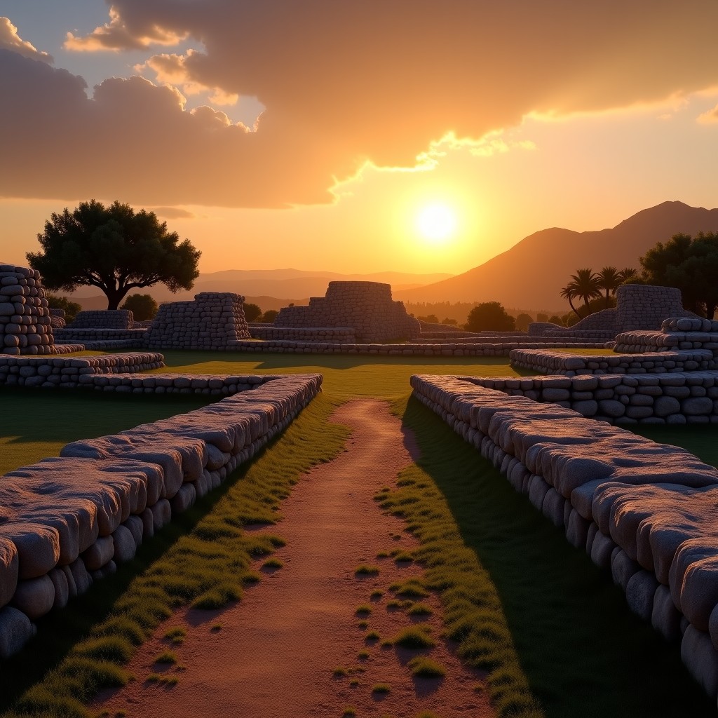 Beautiful archaeological landscape of Mexico, ancient stone structures under the sunset, wide angle view, historical grandeur, 4:3 ratio