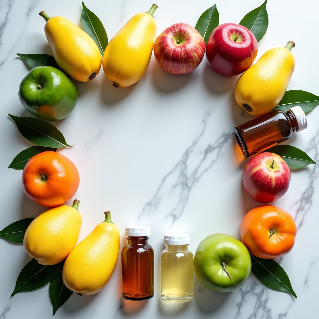 A flat lay of fresh healthy food and supplement bottles on a textured marble surface, bright and balanced natural lighting, high resolution, 4:3