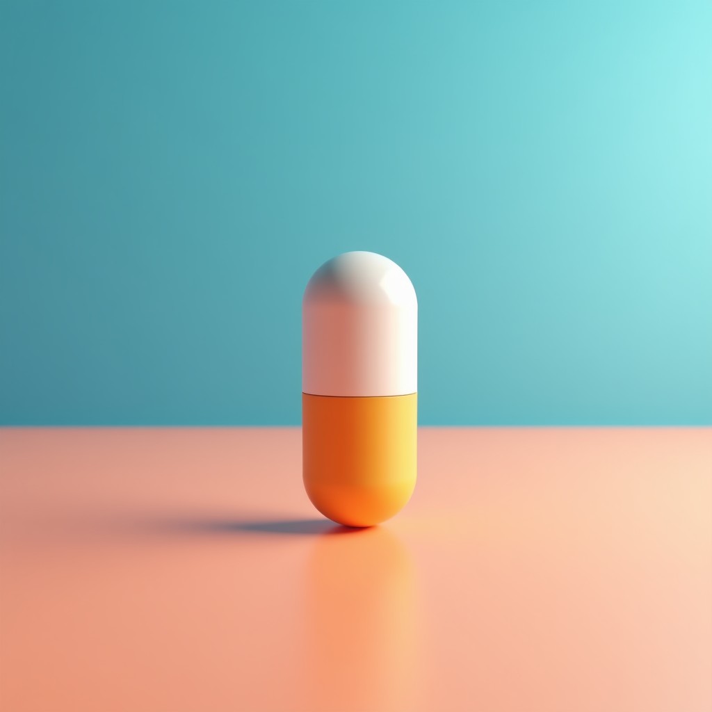 A single capsule on a clean, colorful background, minimalist style, bright and crisp focus, high-end product photography, 4:3