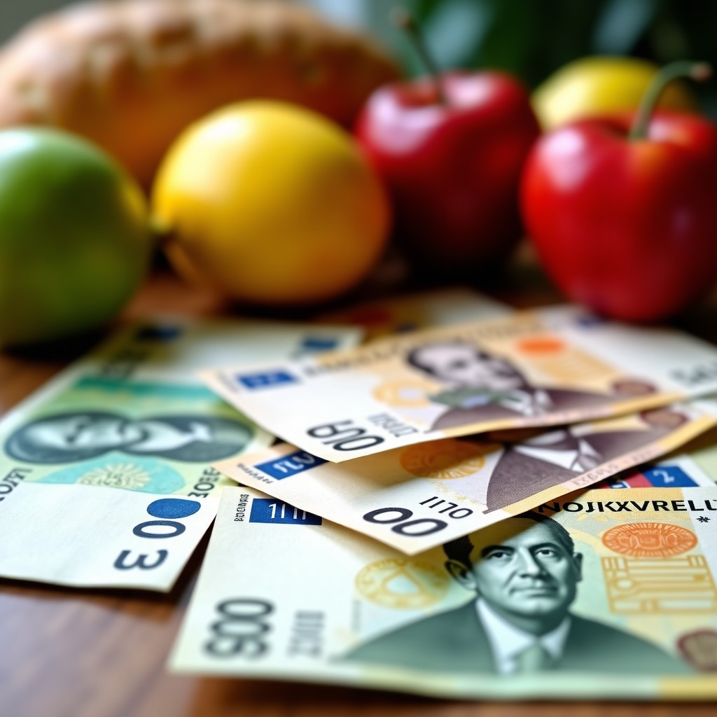 Close-up of various international currencies scattered on a table with fresh fruits and bread in the background, warm natural sunlight, depth of field, 4:3