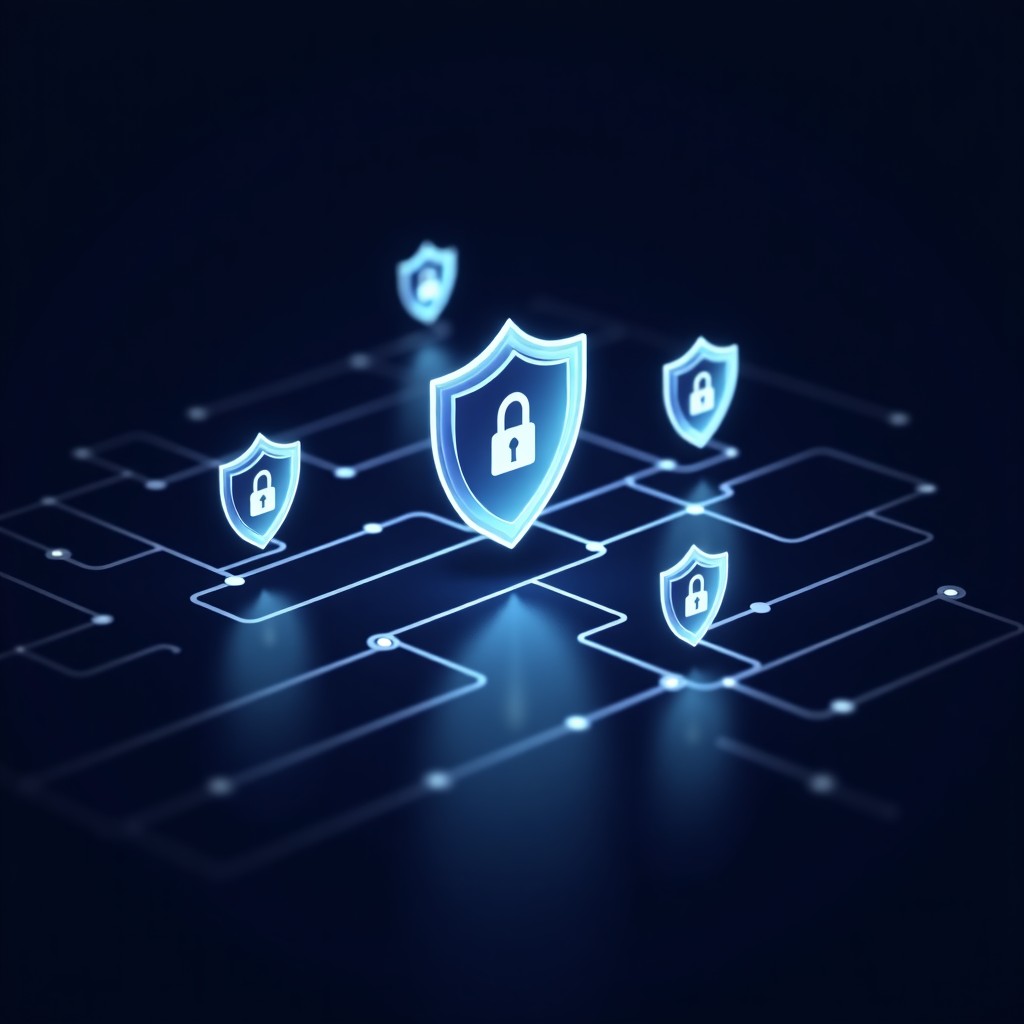 Abstract representation of digital identity verification with shield icons and glowing lines on a dark background, clean and professional, 4:3 aspect ratio