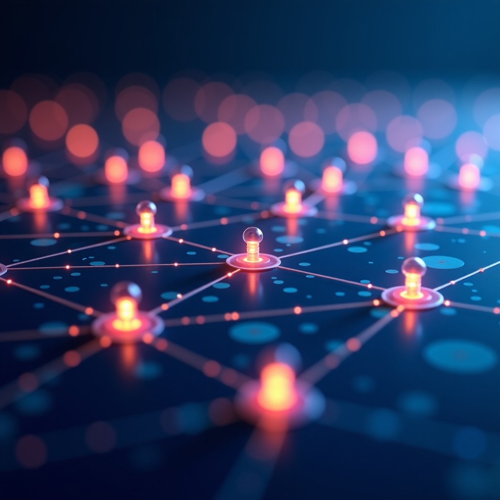 Conceptual art of internet safety filters with abstract glowing nodes and connections, soft lighting, 4:3 aspect ratio