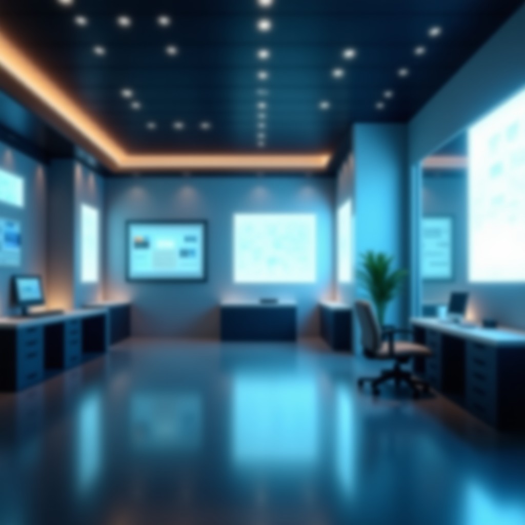 Future technology concept with a minimalist workspace and blurred digital interface elements, bright and balanced lighting, 4:3 aspect ratio