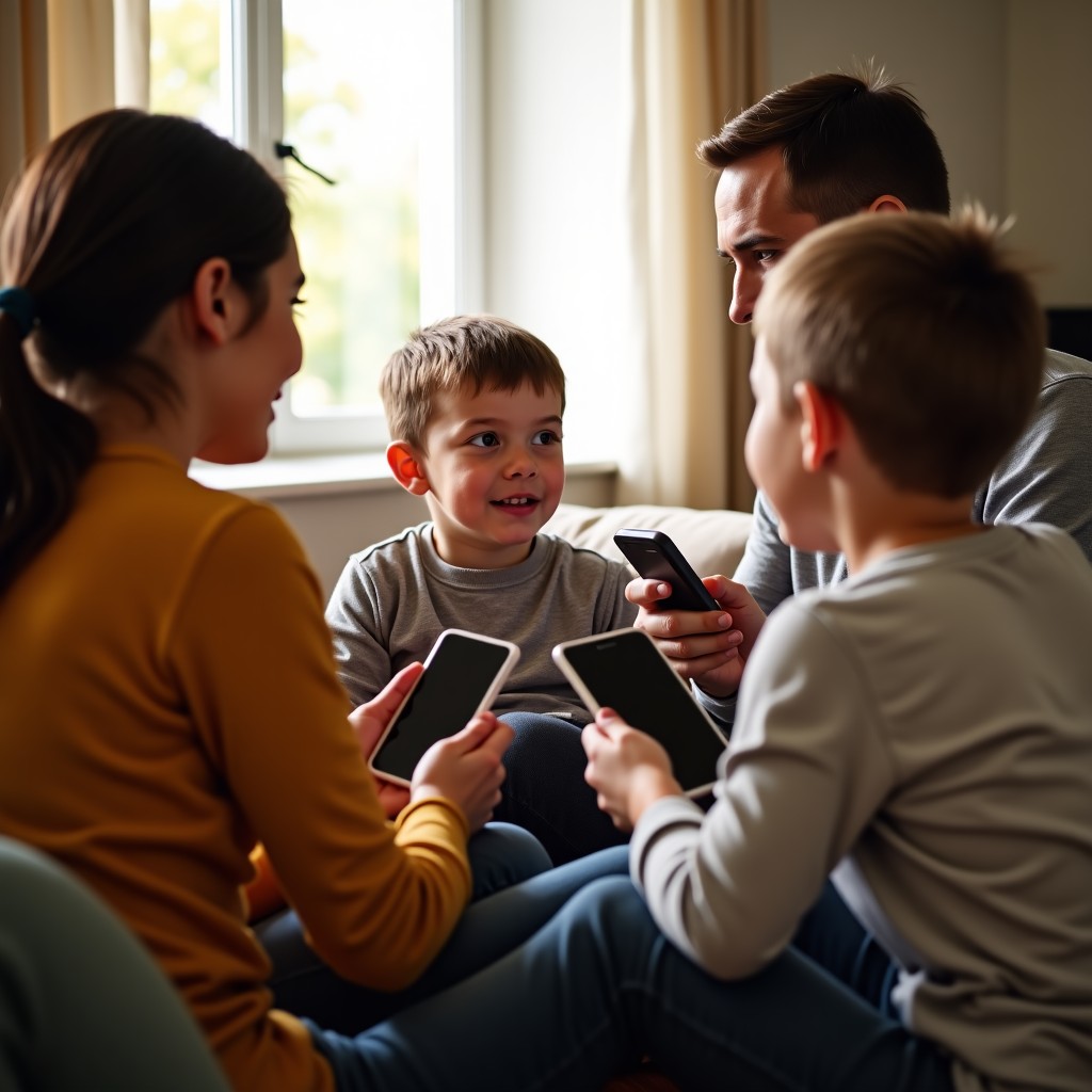 A family having a conversation without smartphones, warm living room, natural sunlight, lifestyle photography, 1:1