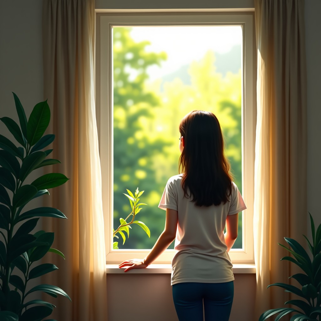 A person looking out the window at a bright garden, calm and peaceful atmosphere, high quality photography, 4:3