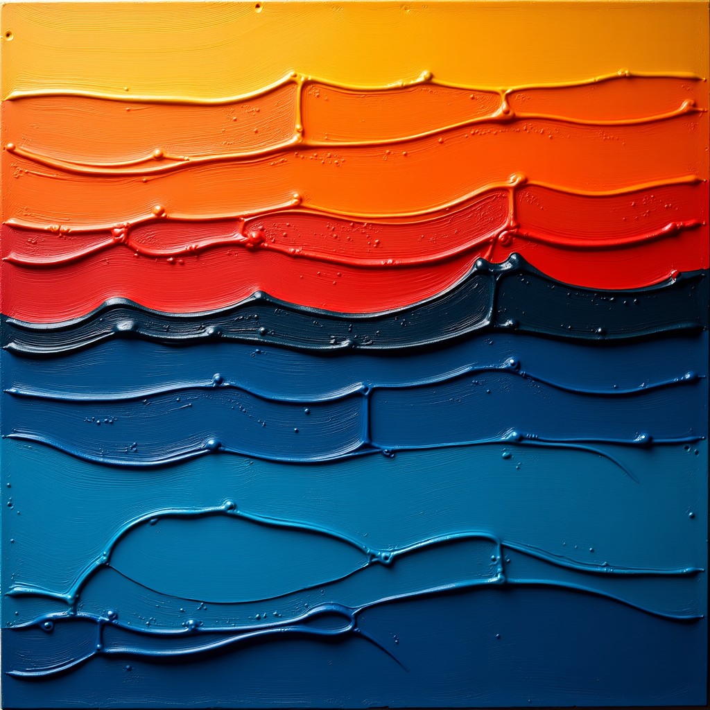 Close up of an abstract painting with thick layers of paint, textured surface, vibrant colors, artistic brush strokes, 4:3