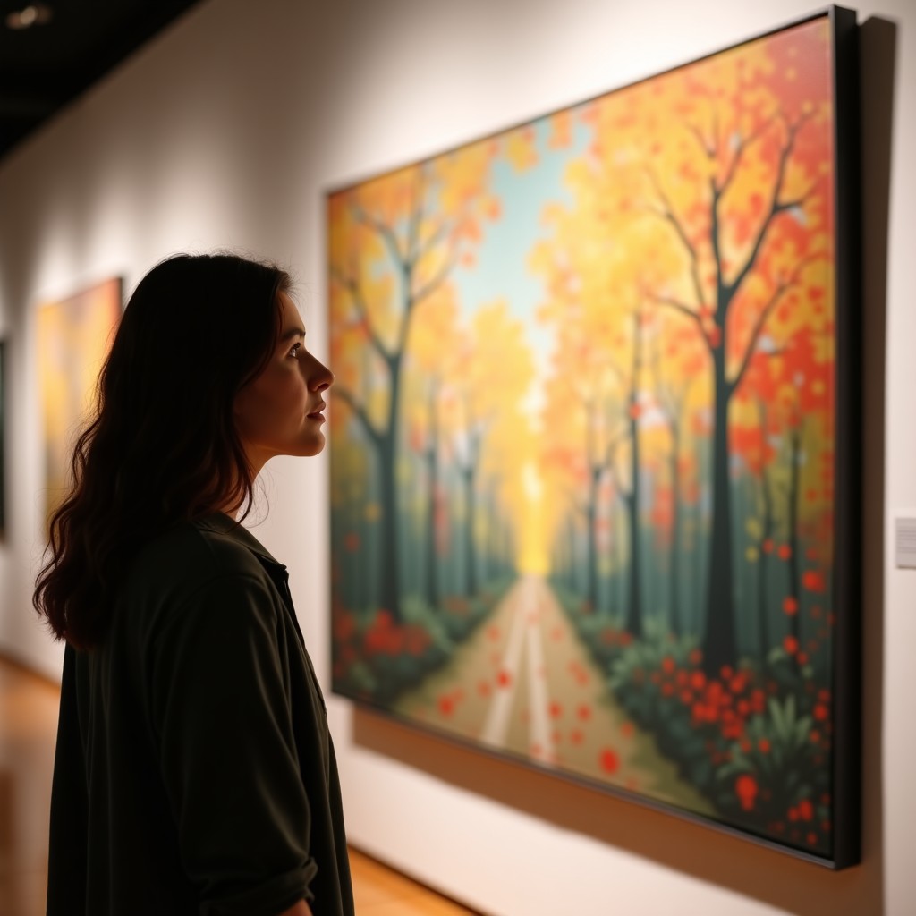 A person viewing a large abstract painting in an art gallery, side profile, thoughtful expression, warm lighting, 1:1