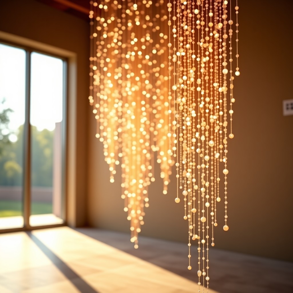 Close-up of delicate hanging art installation made of shimmering beads and wire in a sun-drenched museum room, artistic and architectural design, 4:3