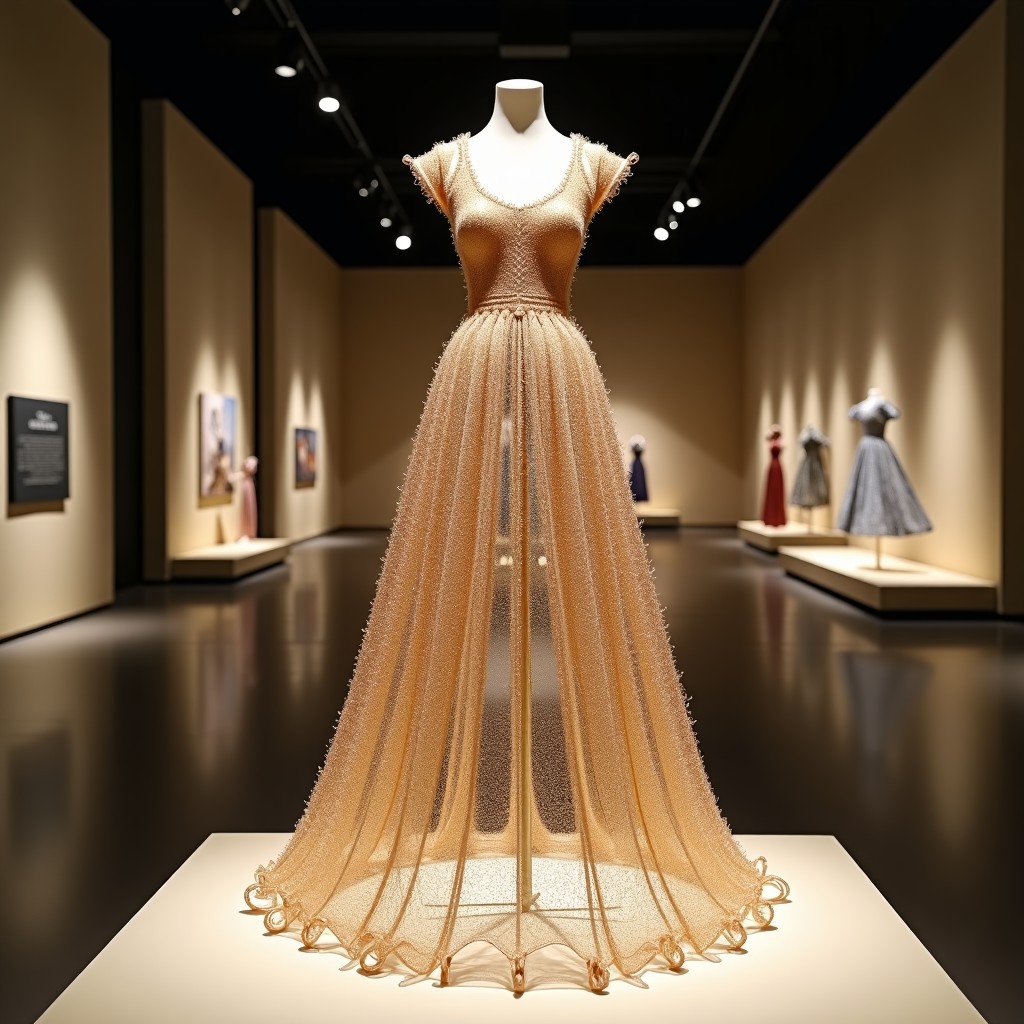 Intricate dress sculpture made of metallic wires and beads displayed in a museum, inspired by traditional Korean Hanbok silhouettes, soft museum lighting, 4:3