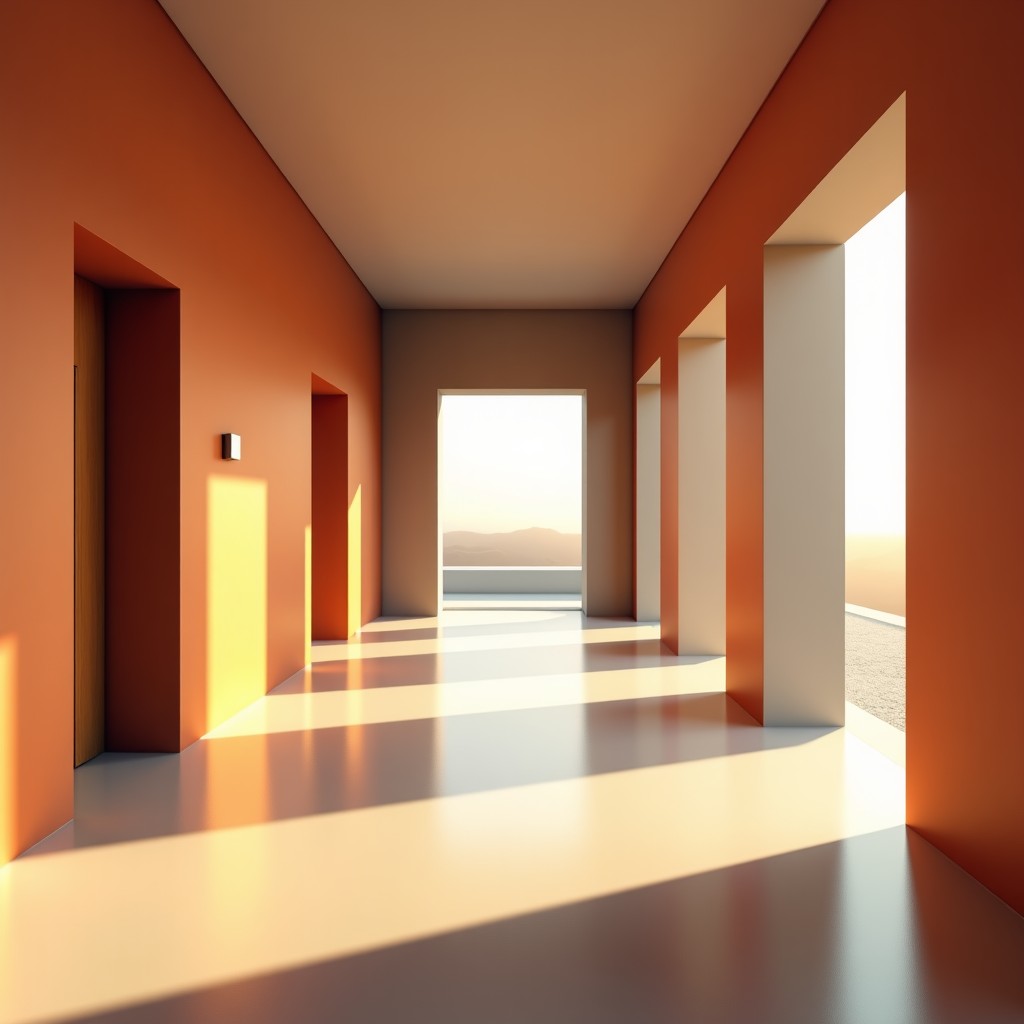 Panoramic view of a museum hallway featuring modern architectural elements and subtle art installations, clean lines, warm and welcoming atmosphere, 4:3