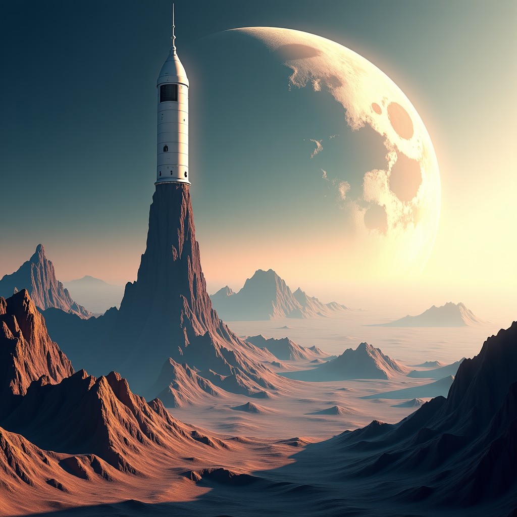 Artistic representation of a commercial space station and moon base, optimistic futuristic atmosphere, detailed metallic textures, soft sunlight, 16:9 aspect ratio